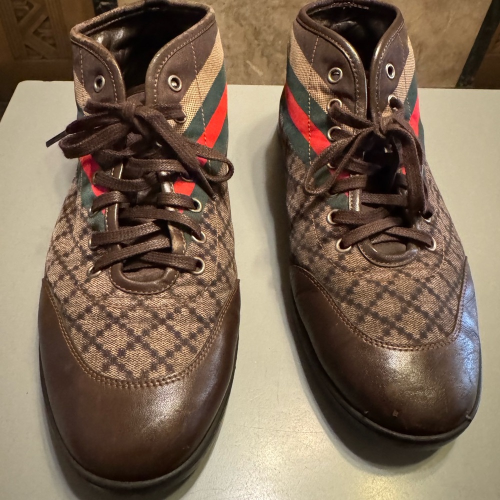 Brown and Red High-Top Quilted Sneakers